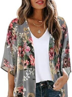 Womens Floral Kimono Cardigan Chiffon Beach Coverups Loose Summer Tops